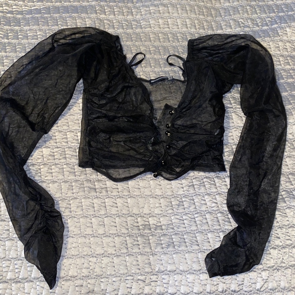 PLT - black button up sheer crop top